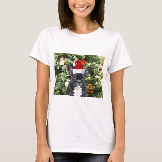 Franse Bulldog Kerstboom Ornamenten Sneeuwman T-shirt (Voorkant)