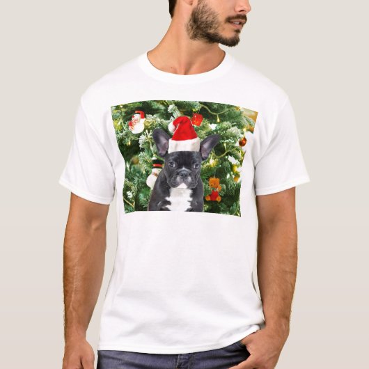 Franse Bulldog Kerstboom Ornamenten Sneeuwman T-shirt (Voorkant)