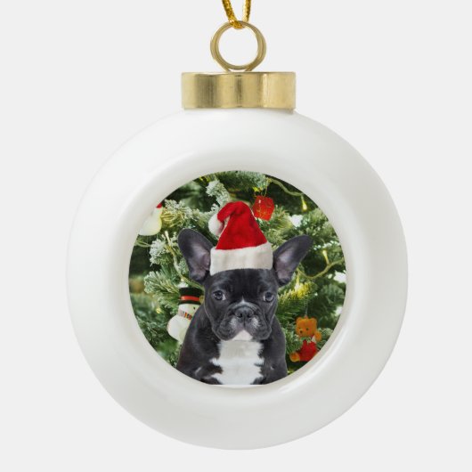 Franse Bulldog Kerstboom Sneeuwman Keramische Bal Ornament (Voorkant)