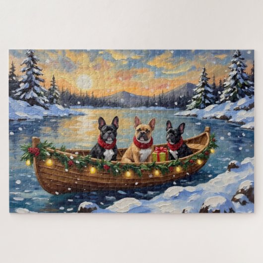 Franse Bulldog Kerstboot Vakantie Legpuzzel (Horizontaal)