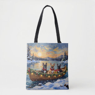 Franse Bulldog Kerstboot Vakantie Tote Bag