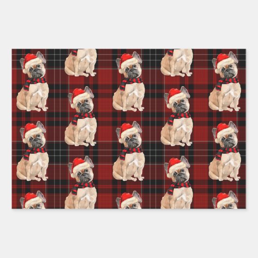 Franse Bulldog Kersthond en Plaid Inpakpapier Vel (Voorkant 3)