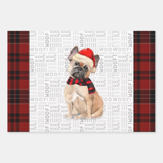 Franse Bulldog Kersthond en Plaid Inpakpapier Vel (Voorkant)