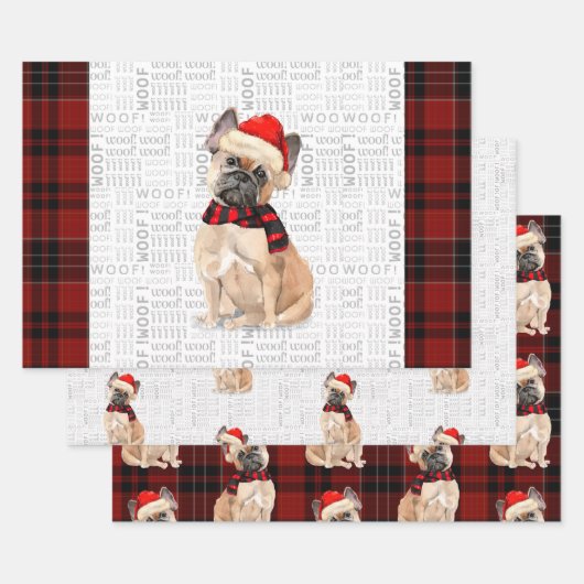 Franse Bulldog Kersthond en Plaid Inpakpapier Vel (Set)