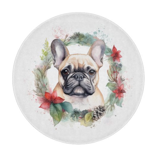 Franse Bulldog Kerstkrans Festieve Pup Snijplank (Voorkant)