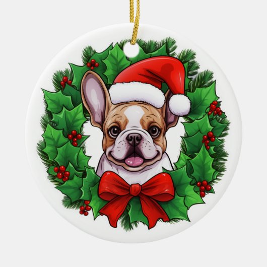 Franse Bulldog Kerstkrans Keramisch Ornament (Voorkant)