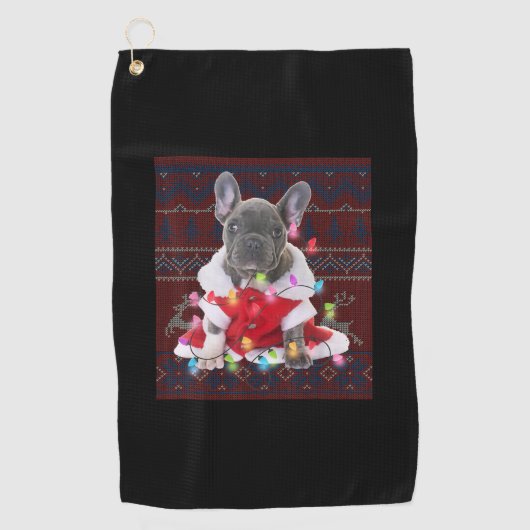 Franse Bulldog kerstlampjes met lelijke Sweater Do Golfhanddoek (Voorkant)