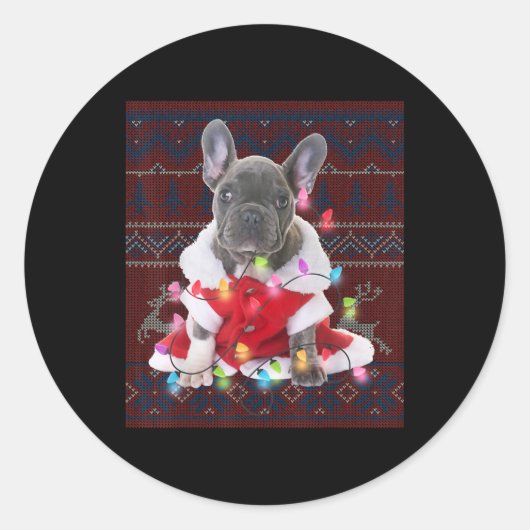 Franse Bulldog kerstlampjes met lelijke Sweater Do Ronde Sticker (Voorkant)