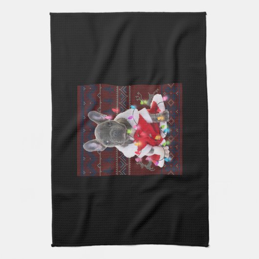 Franse Bulldog kerstlampjes met lelijke Sweater Do Theedoek (Verticaal)