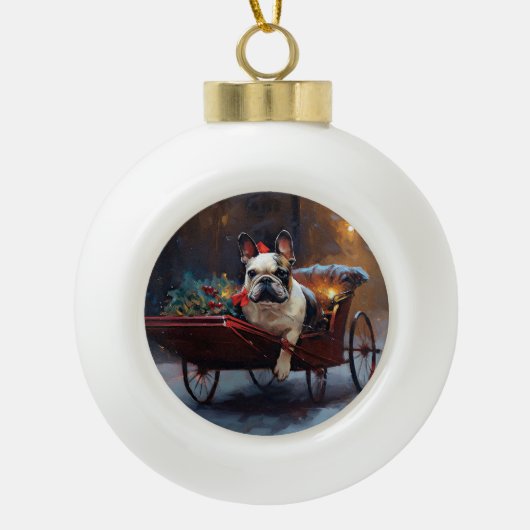 Franse Bulldog Kerstmis Feestelijk Seizoen Keramische Bal Ornament (Voorkant)