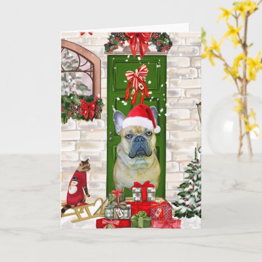 Franse Bulldog Kerstmis  Kaart (Gele Bloem)