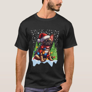 Franse Bulldog Kerstmis Santa Hat Lights Tree Son T-shirt