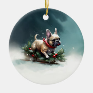 Franse Bulldog Kerstmis sneeuw winter Keramisch Ornament