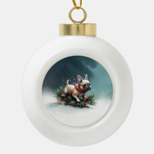 Franse Bulldog Kerstmis sneeuw winter Keramische Bal Ornament
