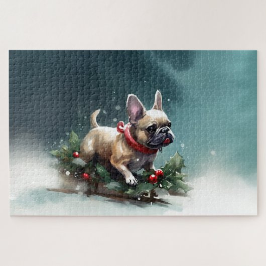 Franse Bulldog Kerstmis sneeuw winter Legpuzzel (Horizontaal)