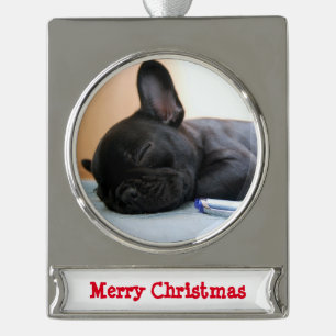 Franse Bulldog Kerstornament Verzilverd Banner Ornament