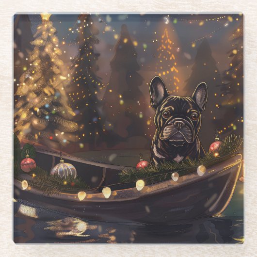 Franse Bulldog kerstvakantie Glazen Onderzetter (Voorkant)