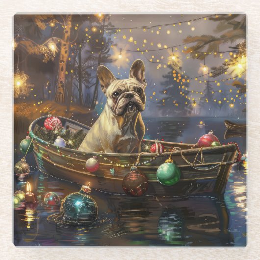 Franse Bulldog kerstvakantie Glazen Onderzetter (Voorkant)