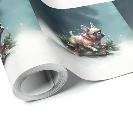 Franse Bulldog Kerstwinter sneeuw Cadeaupapier (Rol Hoek)