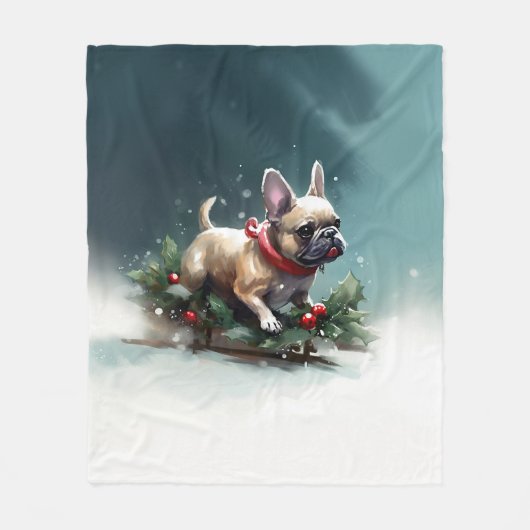 Franse Bulldog Kerstwinter sneeuw Fleece Deken (Voorkant)