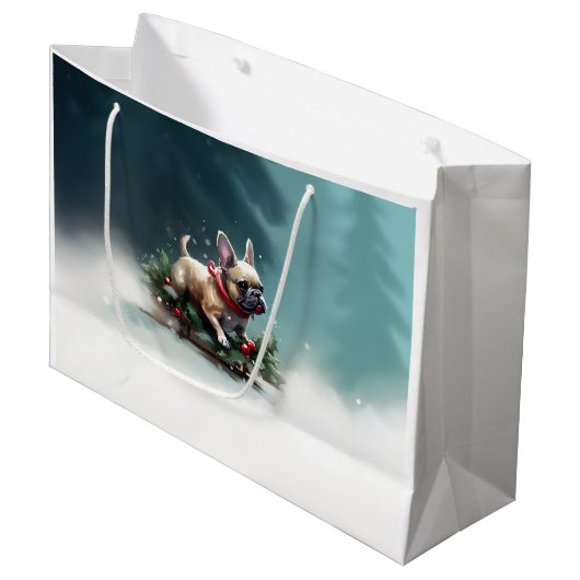 Franse Bulldog Kerstwinter sneeuw Groot Cadeauzakje (Voorkant Gekanteld)