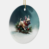 Franse Bulldog Kerstwinter sneeuw Keramisch Ornament (Rechts)
