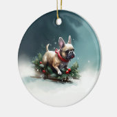Franse Bulldog Kerstwinter sneeuw Keramisch Ornament (Links)