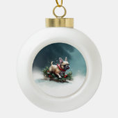 Franse Bulldog Kerstwinter sneeuw Keramische Bal Ornament (Voorkant)
