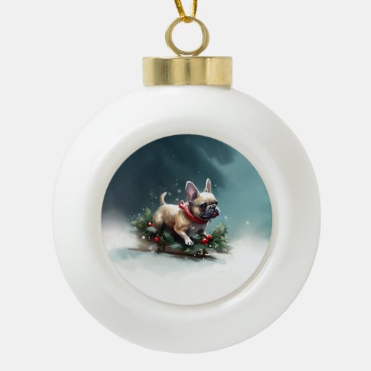 Franse Bulldog Kerstwinter sneeuw Keramische Bal Ornament (Voorkant)
