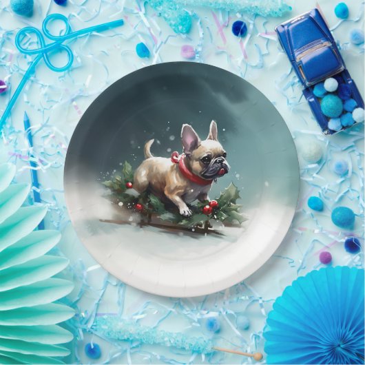 Franse Bulldog Kerstwinter sneeuw Papieren Bordje (Feest)
