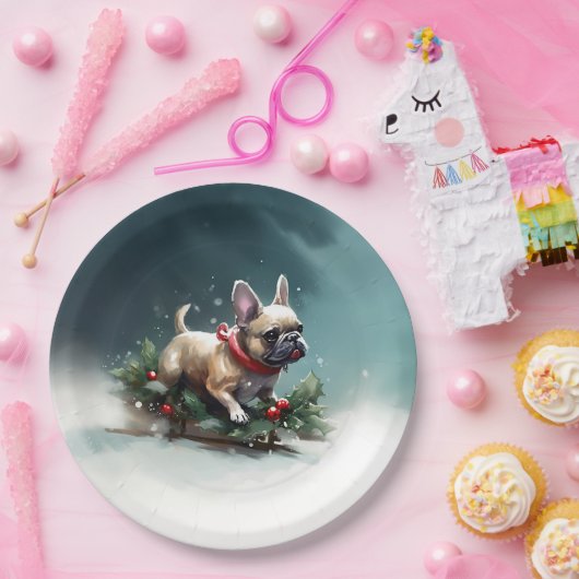 Franse Bulldog Kerstwinter sneeuw Papieren Bordje (Feest)