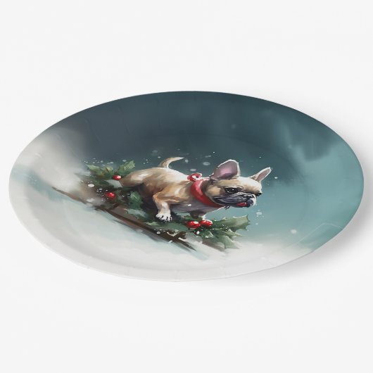 Franse Bulldog Kerstwinter sneeuw Papieren Bordje (Gekanteld)