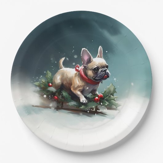 Franse Bulldog Kerstwinter sneeuw Papieren Bordje (Voorkant)