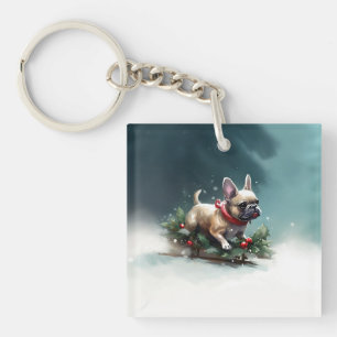 Franse Bulldog Kerstwinter sneeuw Sleutelhanger