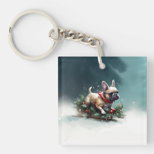 Franse Bulldog Kerstwinter sneeuw Sleutelhanger (Voorkant)