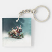 Franse Bulldog Kerstwinter sneeuw Sleutelhanger (Achterkant)