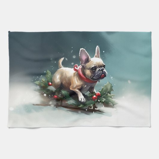 Franse Bulldog Kerstwinter sneeuw Theedoek (Horizontaal)