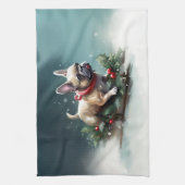 Franse Bulldog Kerstwinter sneeuw Theedoek (Verticaal)