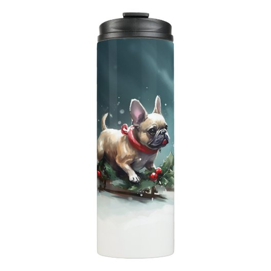 Franse Bulldog Kerstwinter sneeuw Thermosbeker (Voorkant)
