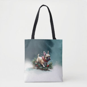Franse Bulldog Kerstwinter sneeuw Tote Bag