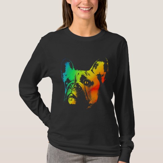 Franse Bulldog Kleurrijke Regenboog Retro T-shirt (Voorkant)