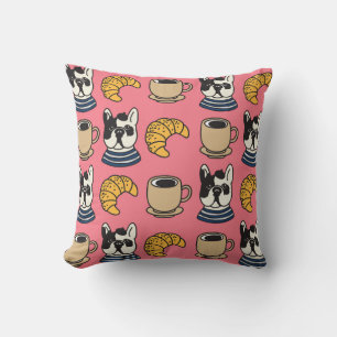 Franse bulldog, koffie, croissant thema. kussen