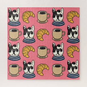 Franse bulldog, koffie, croissant thema. legpuzzel