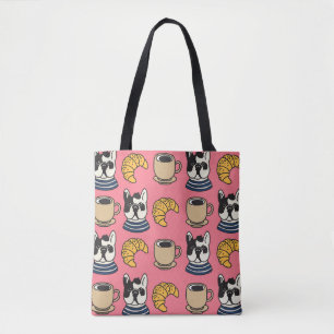 Franse bulldog, koffie, croissant thema. tote bag