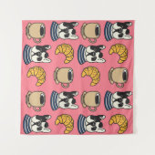 Franse bulldog, koffie, croissant thema. wandkleed (Voorkant (horizontaal))