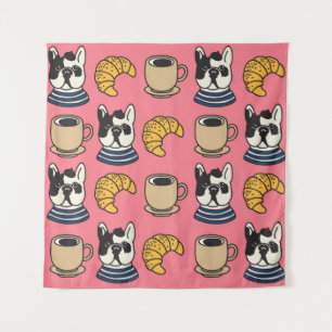 Franse bulldog, koffie, croissant thema. wandkleed