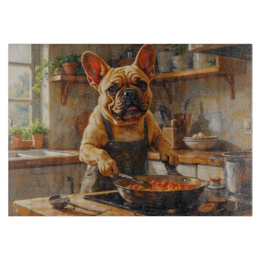 Franse Bulldog Kookt in Keuken Snijplank (Voorkant)