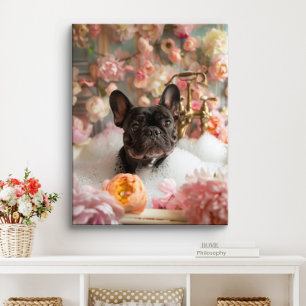 Franse Bulldog Kunst   Franse Bulldog in Badkamer  Canvas Afdruk