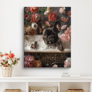 Franse Bulldog Kunst   Franse Bulldog in Badkamer  Canvas Afdruk