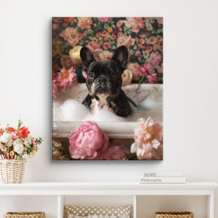 Franse Bulldog Kunst   Franse Bulldog in Badkamer  Canvas Afdruk